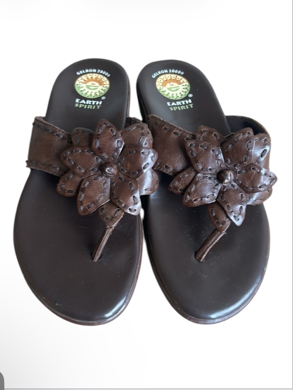 Earth Spirit Genuine Leather Flip Flop Sandals Brown Floral Accent Comfort Sz 6
